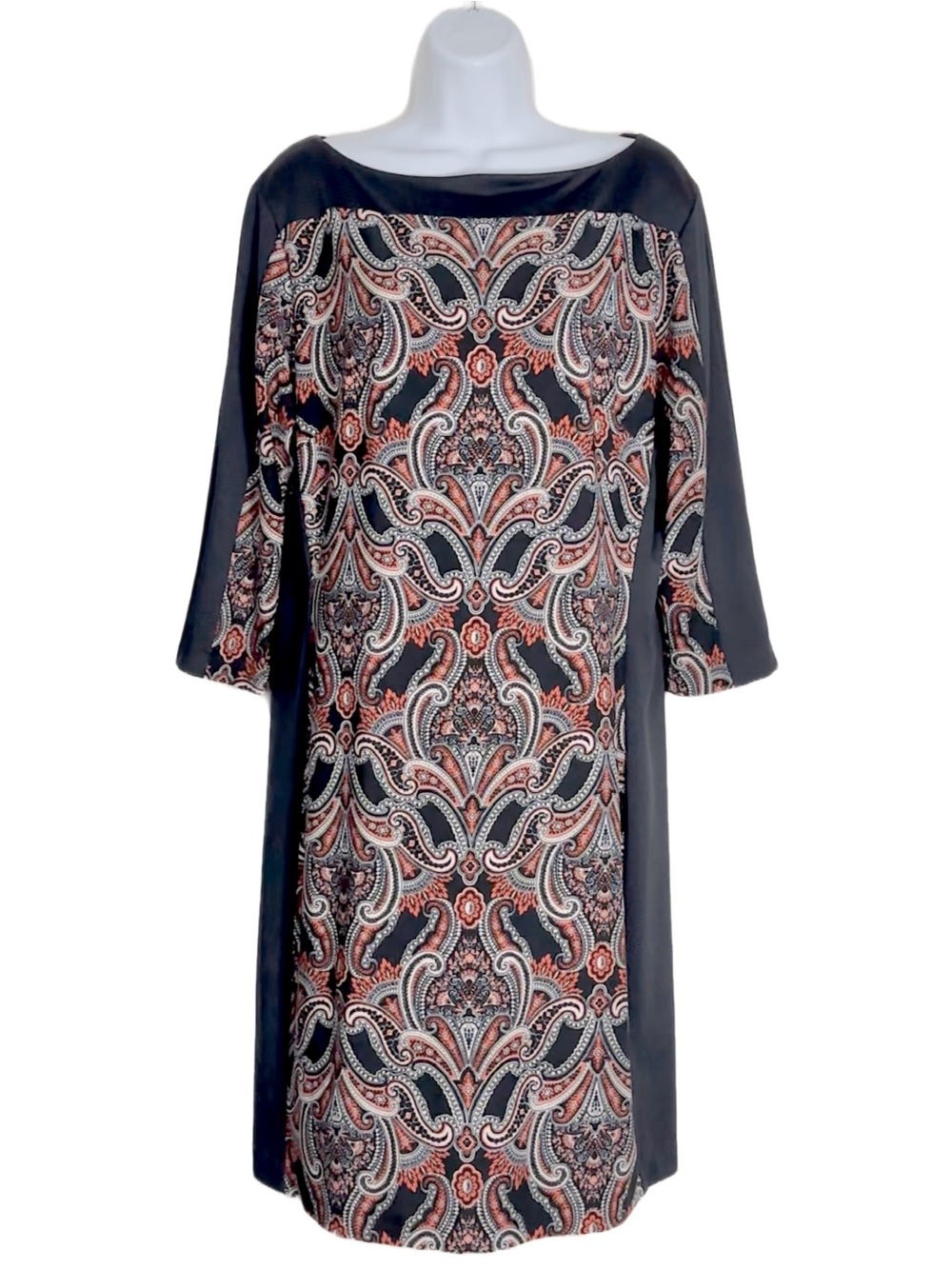 Ann Taylor Black Paisley Midi Dress with Red & Cream Accents With Belt Size L